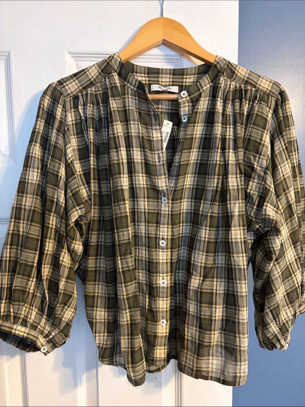 Madewell Olive Green Plaid Button-Front Blouse